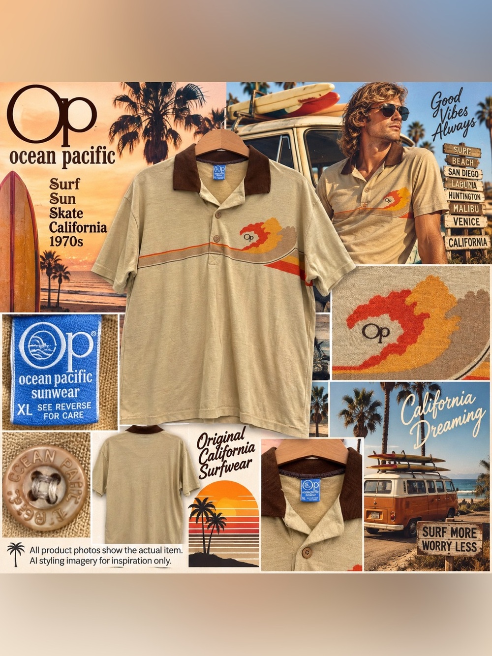 VTG 70s OP Ocean Pacific Sunwear XL Sunset Wave Polo California Surf Skate EUC